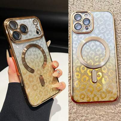 1pc Ombre Leopard Glitter Magnetic Adsorption Electroplated Lens Protective TPU Phone Case Compatible With IPhone 17