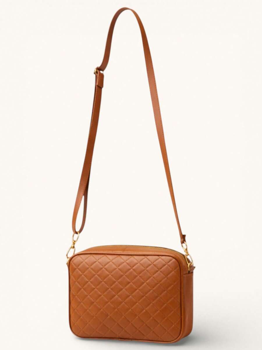 Premium Compact Camera Crossbody Bag With Adjustable Strap - Classic Diamond Caramel - View 1