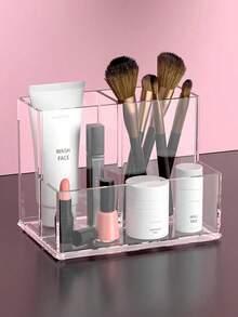 3-Compartment Acrylic Makeup Brush Holder, Minimalist Desktop Organizer, Suitable For Office, School, Makeup Brushes - Clear - View 2