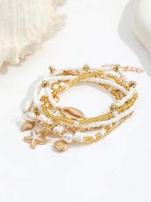6pcs Bohemian Shell & Starfish Beaded Bracelet, Beach Jewelry - Multicolor - View 3