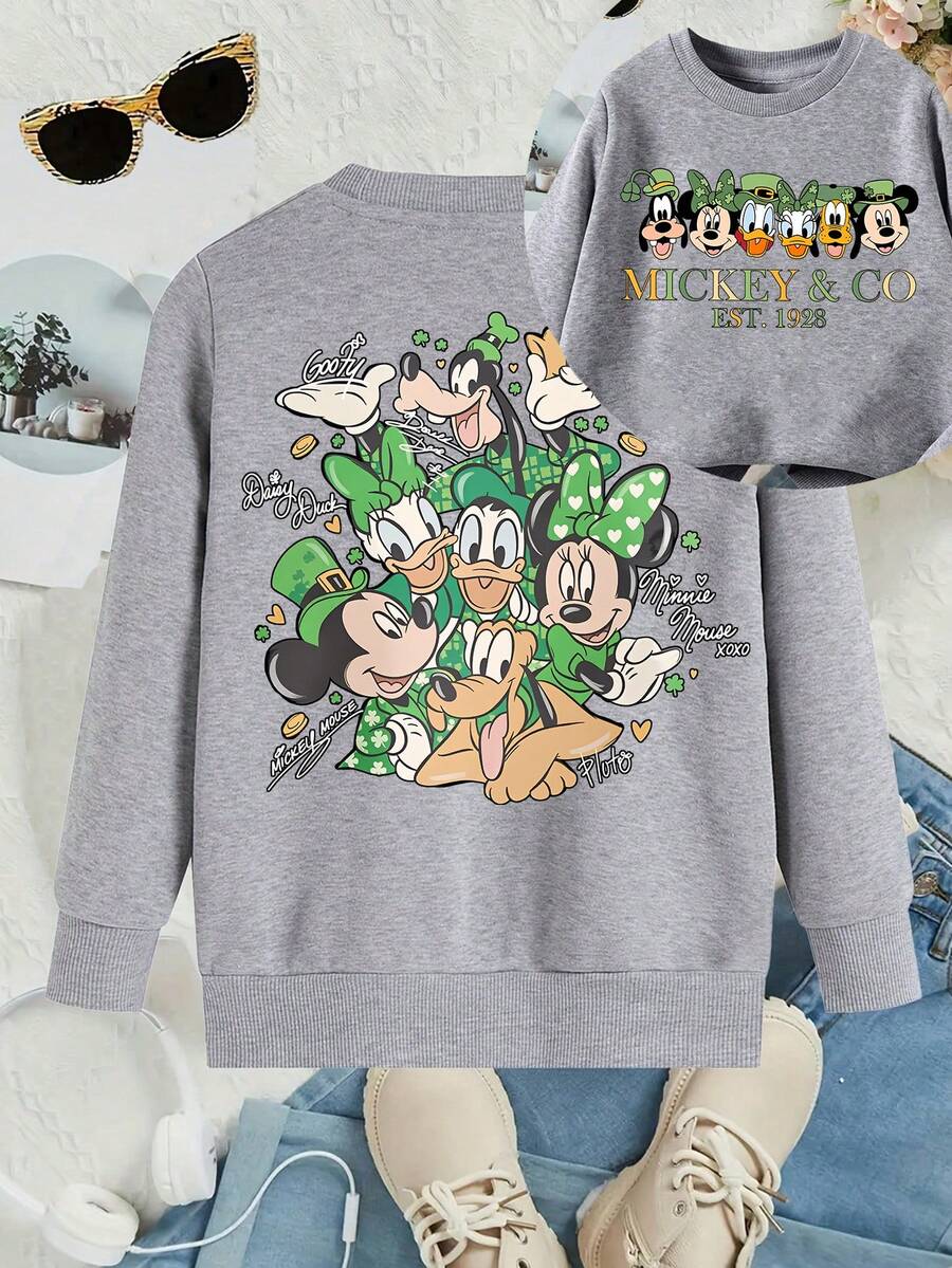 This Disney Girls' Sweatshirt Features A Creative St. Patrick's Day Themed Print Of Mickey Mouse And His Friends. It's A Crew Neck Sweatshirt Perfect For Autumn And Winter, Made Of Soft And Comfortable Fabric, Suitable For Everyday Wear, Shopping, School, And Casual Occasions. It Also Makes A Wonderful Gift. - Grey - View 1