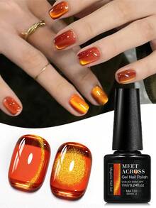 MEET ACROSS 1pc 7ml Jelly Colored Stone Cat Eye Gel Nail Polish, Gold Light Ultral Shine Gradient Magnetic Semi Permanent Soak Off UV Gel Varnish For Summer Nails, Manicure Nail Art Degign For Home And Salon Nail Supplies - 亮橙色 - 查看 1
