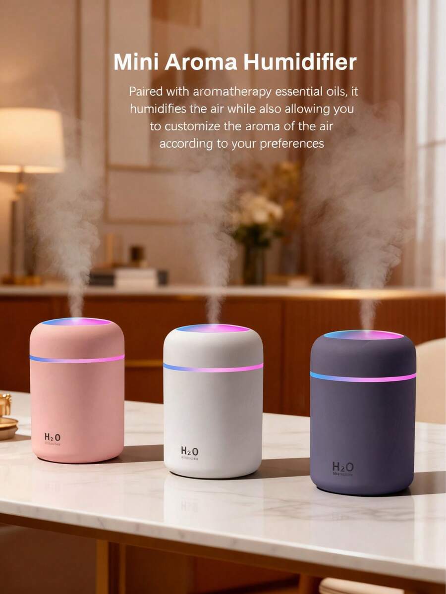 1个300毫升车载空气清新剂，室内香薰机，USB供电，两种工作模式，7色LED灯，智能定时器，静音喷雾，便捷的精油扩散器，适用于家居装饰、办公室、客厅、汽车，也是送给女性的精美礼物。
