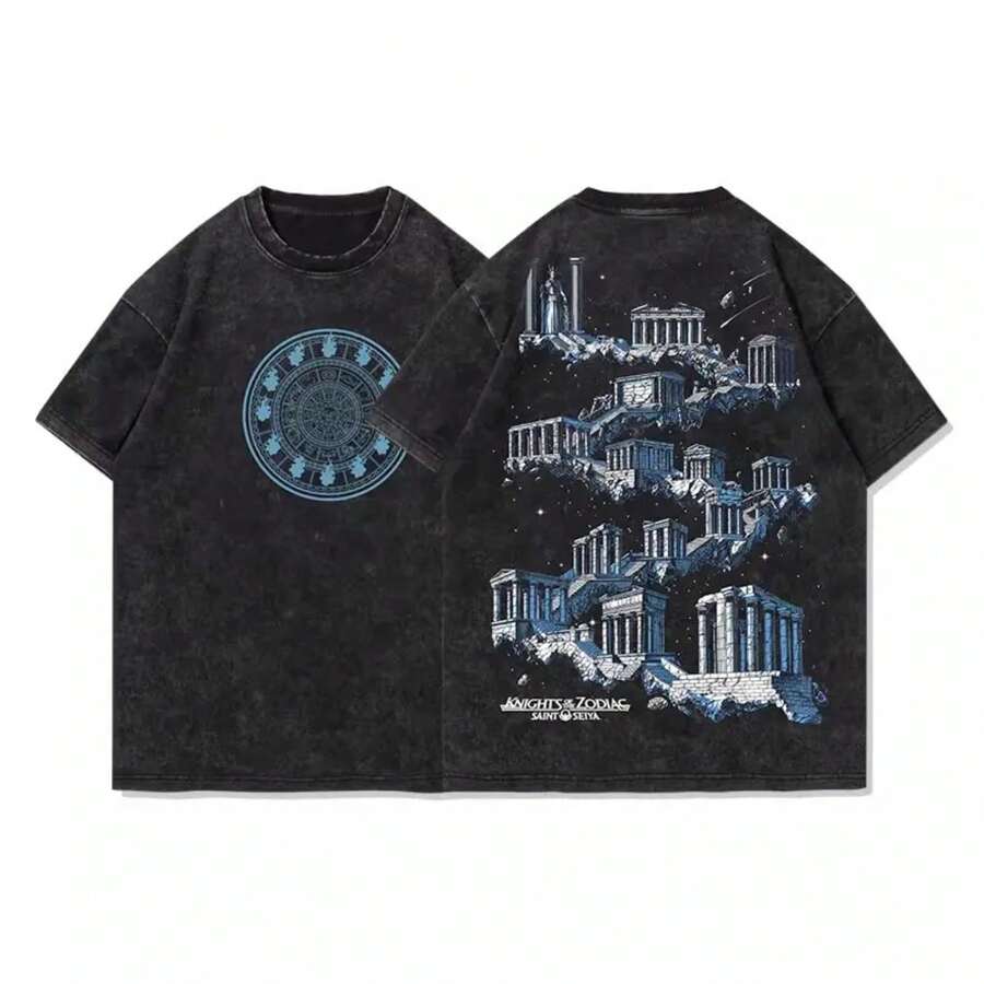Camisetas de San Valentín Sunman Saints Zodiac Burning Fire Clock, Camiseta de Manga Corta Luminosa con Efecto Envejecido, de Algodón Puro, Holgada y a la Moda - Negro - Ver 1