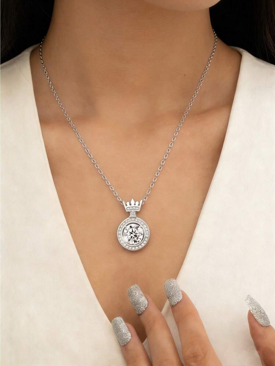 1件装奢华闪亮锆石皇冠项链，女士款，优雅皇冠设计，适合日常佩戴、派对及情人节礼物，派对配饰（无包装盒） - 銀色 - 查看 1