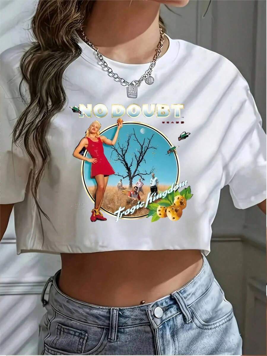 Women's No Doubt Tragic Kingdom Band Crop Tee Shirt Exposed Navel T-Shirt , Women's New Summer Casual Crew Neck Pure Cotton Short-Sleeved T-Shirt, Crop Top Tees Y2K Street Style, Suitable For Spring Mother's Day, Summer St. Patrick's Day Gift Choice, New Year Gift Party, And Essential Gift For The Start Of School Season., Crop Top Tees Y2K Street Style, Suitable For Spring Mother's Day, Summer St. Patrick's Day Gift Choice, New Year Gift Party, And Essential Gift For The Start Of School Season. - trắng - Xem 1
