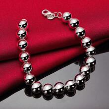 925纯银镀层10毫米空心光滑珠链手链，女士时尚婚礼订婚饰品 - 銀色 - 查看 3