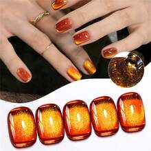 MEET ACROSS 1pc 7ml Jelly Colored Stone Cat Eye Gel Nail Polish, Gold Light Ultral Shine Gradient Magnetic Semi Permanent Soak Off UV Gel Varnish For Summer Nails, Manicure Nail Art Degign For Home And Salon Nail Supplies - 亮橙色 - 查看 7