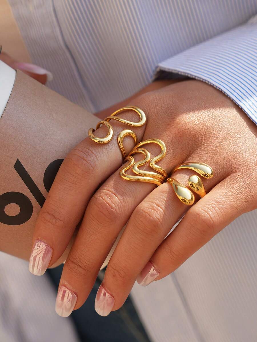 Frminee Bộ 3 chiếc nhẫn hình học bằng thép không gỉ mạ vàng 18K, kiểu dáng thời trang, tối giản, thanh lịch và độc đáo, trang sức đeo hàng ngày và quà tặng cho phụ nữ.