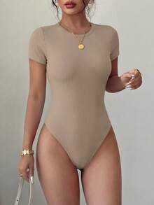Womens Summer  Body Suits For  Tops Casual Short Sleeve Ribbed Fitted Basic Tee Shirts Vacation Spring Fashion Clothes - 淺卡其 - 查看 5