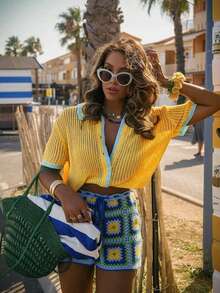 女士休闲开衫，简约性感派对针织撞色上衣，适合日常穿着，春夏秋季度假皆宜 - 黃色 - 查看 2