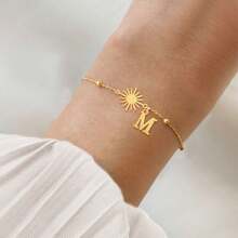 1件新款时尚太阳字母金色不锈钢珠链手链，女士款 - 金黃色 - 查看 1