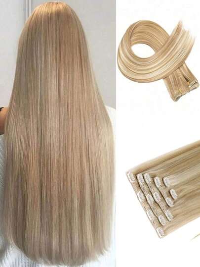 6pcs 24-Inch Ombre Honey Blonde Clip-In Hair Extensions - Thick Natural Soft Synthetic Fiber Double-Weft Hair Pieces For Women