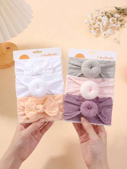 6pcs Spring New Baby Boys Girls Pink Purple Cute Nylon Large Bow Stretchy Elastic Headbands Set, Suitable For Daily Use All Seasons