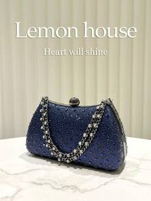 1pc Navy Blue Sparkling Rhinestone Clutch Bag, Luxury Elegant Box-Shaped Purse, Suitable For Evening Party, Wedding, Cocktail Party, Carnival, Gala And Other Occasions For Ladies - Navy Blue - View 4