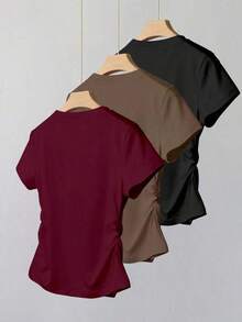 A Simple Solid-Color Short-Sleeved T-Shirt Set For Women, Suitable For Daily Wear And Easy To Match With Various Outfits. Includes 1 Piece - Nhiều màu 11 - Xem 2