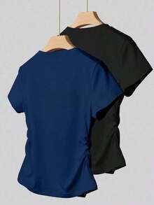 A Simple Solid-Color Short-Sleeved T-Shirt Set For Women, Suitable For Daily Wear And Easy To Match With Various Outfits. Includes 1 Piece - 海軍藍 2 - 查看 2