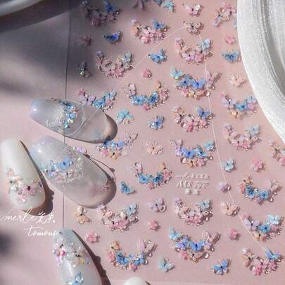 1 miếng dán móng tay hình bướm xanh đính đá sang trọng, cần thiết cho thợ làm móng, họa tiết dập nổi 3D, hình bướm lấp lánh và pha lê băng giá, decal móng tay tự dính, miếng dán móng tay DIY có thể tái sử dụng, quà tặng cho phụ nữ, dụng cụ làm móng, phụ kiện trang trí móng tay thanh lịch.