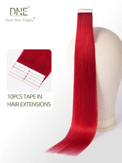 DNE HAIR 10片装红色100%真人发接发片，每片25克，18英寸，丝滑无痕，隐形挑染，彩色发片，彩虹接发，顶级品质，发尾浓密，健康真人发接发片，隐形胶带式，适合女性/女孩。