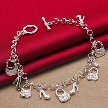 925 Sterling Silver Plated High Heels Bag Pendant Bracelets Chain For Women Charm Wedding Engagement Jewelry - Silver - View 4