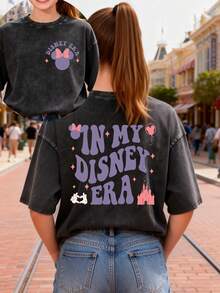 This Disney Women's T-Shirt Features A Creative Minnie Mouse Lettering And Cartoon Double-Sided Print. It's A Spring/Summer Style Round Neck Retro Washed Cotton T-Shirt, Made Of Soft And Comfortable Pure Cotton Fabric, Suitable For Everyday Wear, Shopping, Travel, And Casual Occasions. It Also Makes A Wonderful Gift. - màu đen - Xem 1