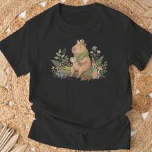 Cute Cottagecore Capybara Tea And Snail Forest Mushroom-Shirt Unisex Cotton Black Printed Short Sleeve-Shirt, Vintage Street Style Casual Versatile Top Tee. - 黑色 - 查看 3