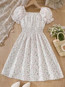 Tween Girls' Fresh Ditsy Floral Square Neck Puff Sleeve Frill Trim Elastic Waist Casual Dress, Spring/Summer - Apricot - View 2