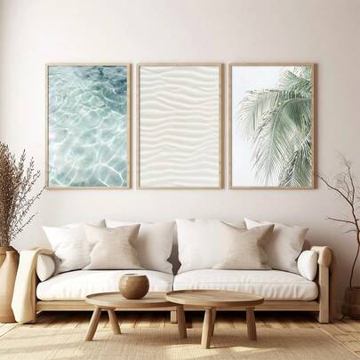 3pcs Unframed Canvas Prints, Neutral Beach Landscape Painting, Ocean Palm Tree Poster, Summer Scenery Decor, Suitable For Home, Room, Bedroom, Living Room, Bathroom, Wall Decoration. Framed Wall Art Decor Option Available.