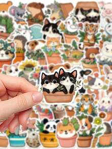 50pcs Potted Animal Stickers Cute Cartoon Aesthetic For Journal, Phone Case, Tablet, Water Bottle, Desk, Luggage, Waterproof Decals - متعدد الألوان - مشاهدة 7
