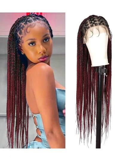 36英寸带婴儿发的交叉无结盒式编织假发，刺绣全双层蕾丝玉米辫蕾丝前编发，女士合成假发