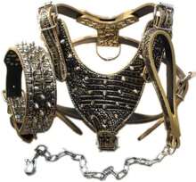 Serijoars Leather Spiked Dog Harness And Collar Set - Suitable For Large Breeds Pit Bull Terriers, Labradors, Dobermans - Durable Leather Harness And Collar Leash 3Pcs Set (Studs Gold Brown, XL) - ColorJ - 查看 1