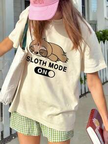 1件女童休闲树懒图案印花圆领短袖T恤，夏季学生青少年服装 - 杏色 - 查看 2