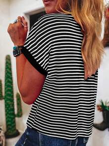 Acelitt Striped Contrast Color Short Sleeve Knit Casual Crew Neck T-Shirt, Summer Black - Black - View 2