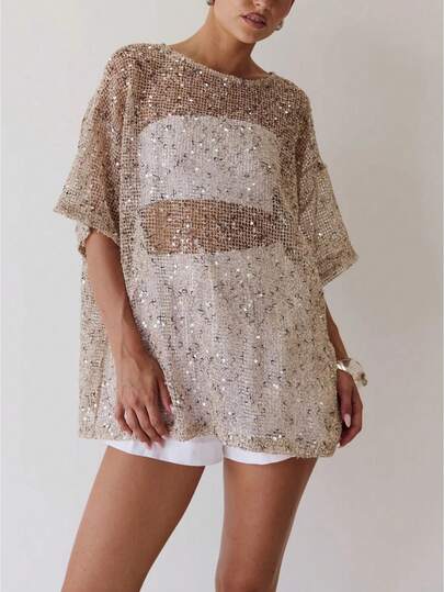 Women Sequin Sheer Short Sleeve Glitter T Shirt Oversized Sparkly Hollow Out Half Sleeve Knit Cover Up Beach Y2K Mesh Tee Blouse