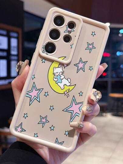 1 ốp lưng điện thoại in hình sao, trăng và mèo, thiết kế lỗ camera, chống sốc, dày dặn, màu trắng sữa, phù hợp với các dòng điện thoại Android Galaxy A55/A15/S21, S22, S23 FE, S24 Plus, 25 Ultra, SMART 8 Pro, Honor, One Plus (phiên bản quốc tế, không phải phiên bản nội địa).