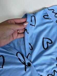 Women's Pajama Set Sleepwear Blouse And Cropped Top With Heart Print, Button-Down Cropped Top, Elastic Waist Pants, Warm Suede, Everyday Wear, Sizes P, M, G, GG, Night Comfort Line - 淺藍色 - 查看 10