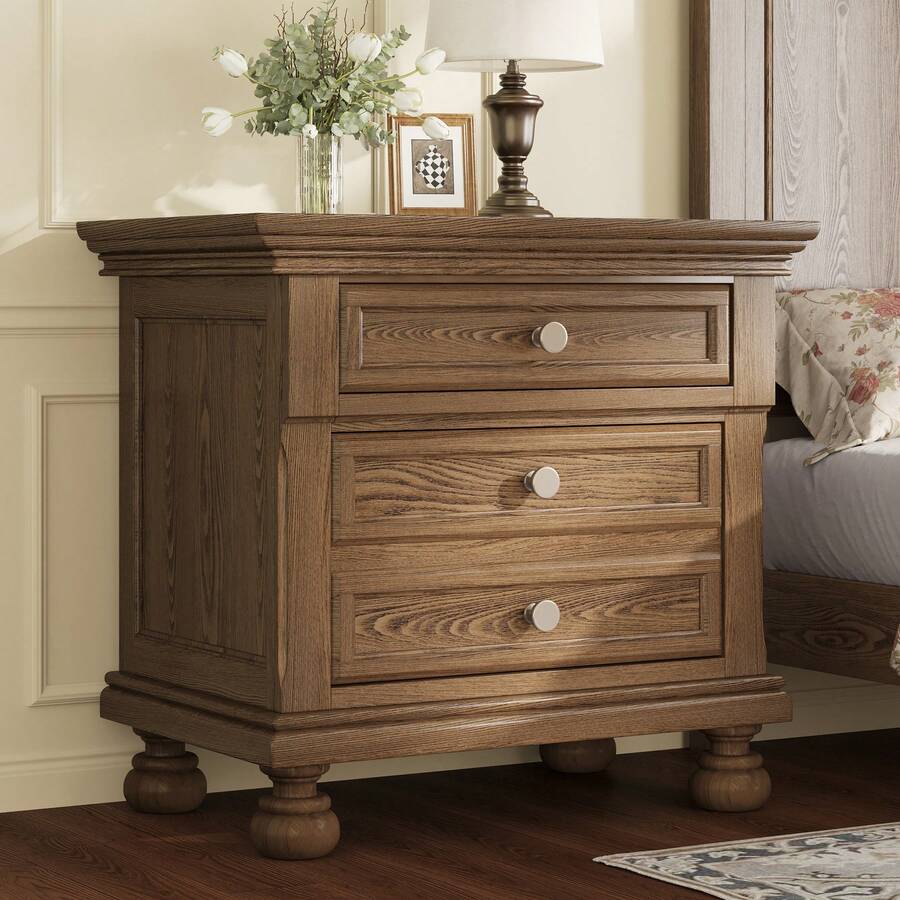 Fully Assembled Solid Wood Nightstand With 2 Storage Drawers, 26" Extra Large Traditional Bedside Cabinet For Bedroom - Nâu nhạt - Xem 1