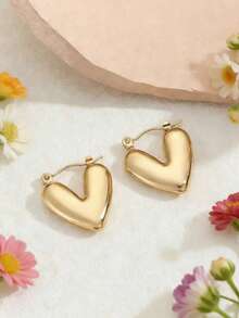 1对3D心形不锈钢优雅设计耳环，婚礼和节日必备 - 金色 - 查看 3