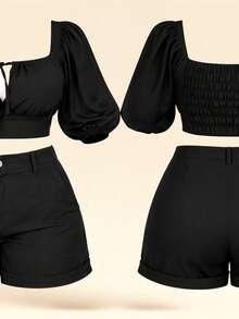Plus Size Set: Adjustable Cropped Top + Comfortable High-Waisted Shorts - Women's Summer Fashion - Sizes 46 To 56 - 黑色 - 查看 5