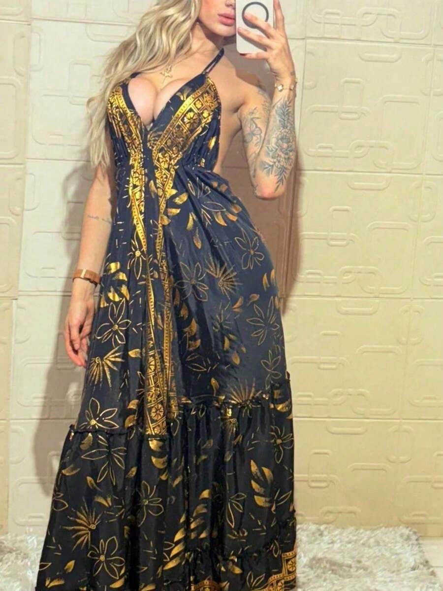 Elegant White Long Dress For Women In Printed Silk - Black - View 1