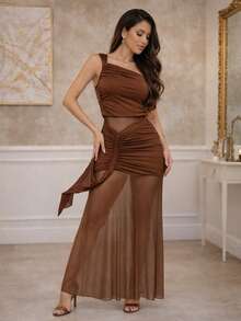 Elegant Women's Dress With Sheer Details, Elegant Party Dress, Crinkled Fabric, Contrasting Knit, Draped Tulle Dress, Spring/Summer Wedding Dress - 鏽棕色 - 查看 6