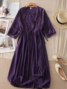 舒适时尚的简约七分袖V领系腰连衣裙，优雅清新，春意盎然 - 紫色 - 查看 2
