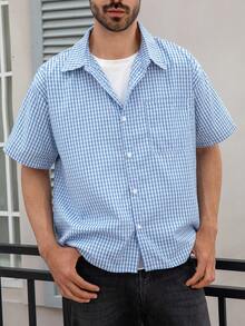 Men's Casual Patterned Short Sleeve Shirt, Loose Fit Retro Plaid Open Front Top - Blue - View 5