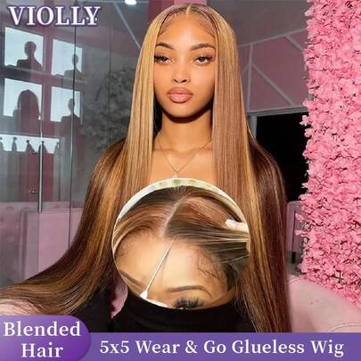 VIOLLY 28 Inch Long Natural Black Straight Human Hair Wigs With Baby Hair Wear And Go Glueless 5x5 Pre Cut Lace Closure Wigs Beginner Friendly 200% High Density Brown Ombre Highlight Honey Blonde Straight Wigs Breathable Cosplay All Day Comfort Gift Ideas For Women