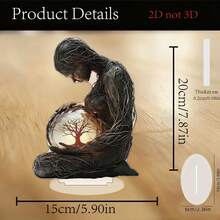 2D平面休闲家居波西米亚风格亚克力生命之树桌面摆件 - 优雅的家居和办公装饰，适合生日和毕业典礼 | 雕塑女性造型，内置发光树，无需电池 - 彩色 - 查看 3