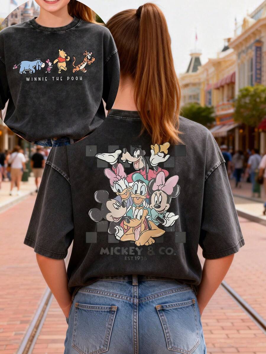 Camiseta de algodón lavado vintage de Disney con estampado de dibujos animados de Mickey y sus amigos. Tela 100% algodón suave y cómoda con cuello redondo en estilo Y2K, perfecta para uso diario, compras, fiestas o como regalo - Negro - Ver 1