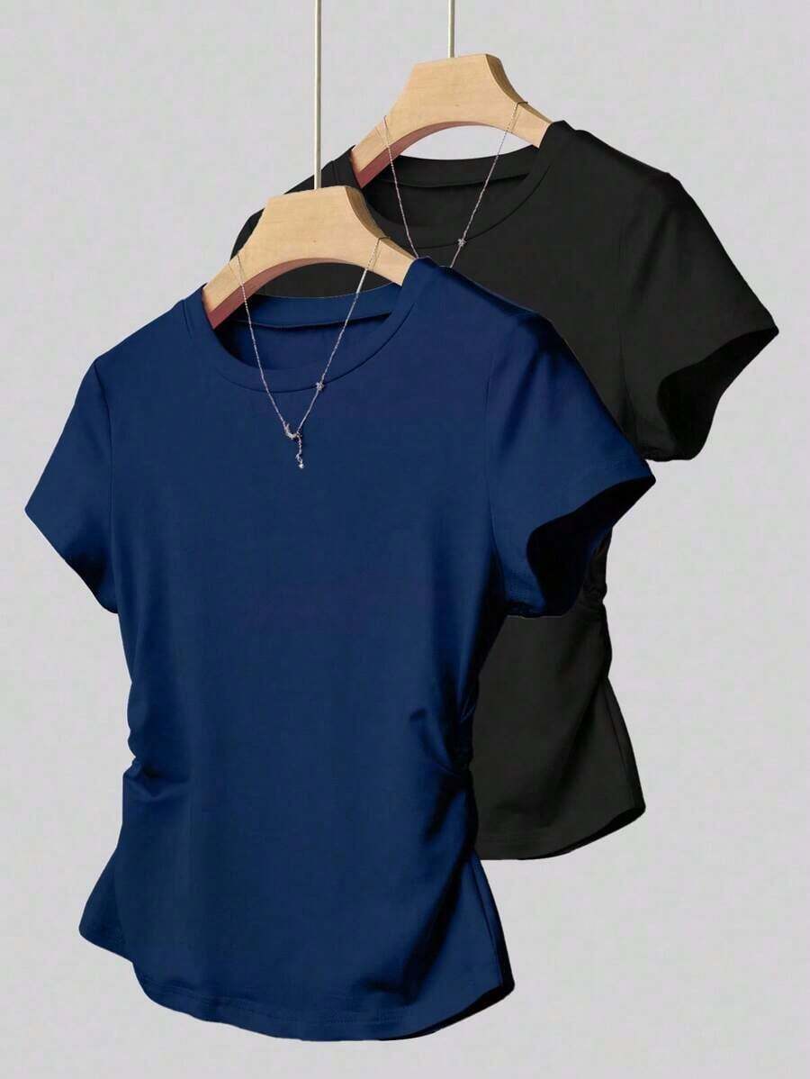 A Simple Solid-Color Short-Sleeved T-Shirt Set For Women, Suitable For Daily Wear And Easy To Match With Various Outfits. Includes 1 Piece - 海軍藍 2 - 查看 1