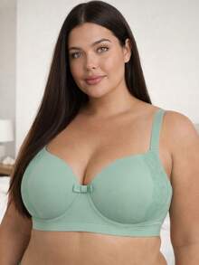 Reinforced Lace Bra With Padded Cups, Plus Size Support Bra - Green - View 1
