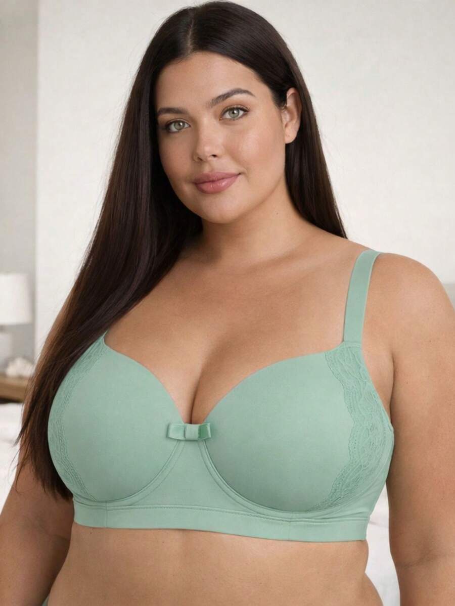 Reinforced Lace Bra With Padded Cups, Plus Size Support Bra - Green - View 1