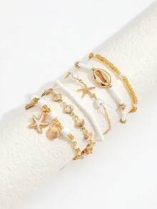 6pcs Bohemian Shell & Starfish Beaded Bracelet, Beach Jewelry - Multicolor - View 2